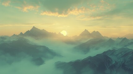 A serene sunrise over a misty mountain range, with early morning light casting a golden hue over the peaks. 8k