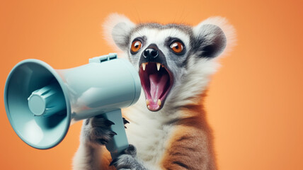 Fototapeta premium A wild lemur holding a megaphone making an announcement