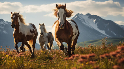 Majestic wild horses galloping across a mountain scenery