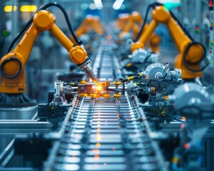 This image features multiple robotic arms working simultaneously on an automated assembly line in a high-tech factory.