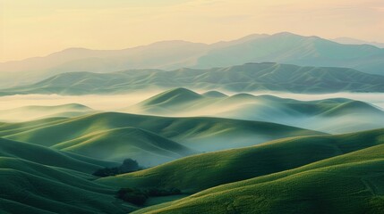 A serene view of rolling hills at sunrise, with layers of fog  - obrazy, fototapety, plakaty