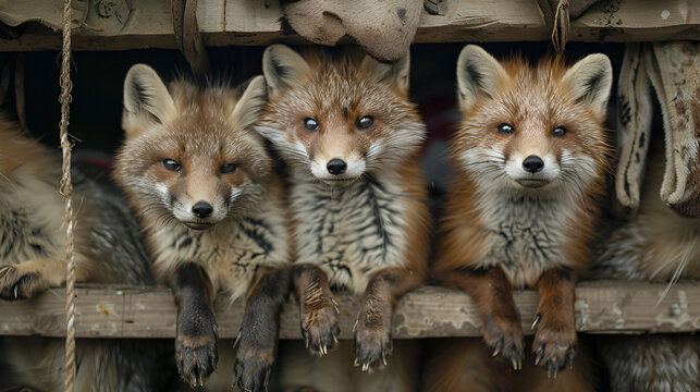  Fur Farming, Animal Welfare Problems. Fur Animal mink, fox and sable fur skins hanging at farm. generative ai