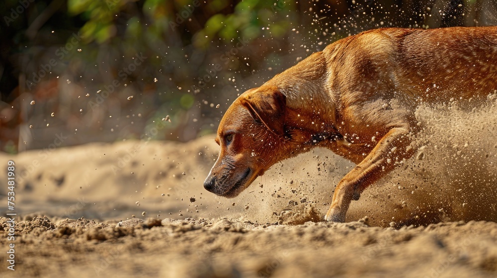 Wall mural A dog is seen digging ferociously from a side view, leaving a trail of dug-up sand behind it and its coat spotted with sand. The image conveys the dog's determination and action.  - Wall murals