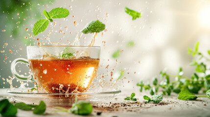 Cup herbal tea with splashes mint leaves. Minty Tea Refreshment in Glass. Advertising background banner copy space area