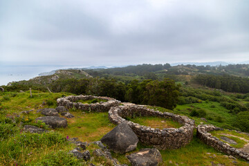 Hill fort (castro) of Mount Facho. It is located on a promontory above the sea. 161 altars have been found. Donon, Galicia, Spain.