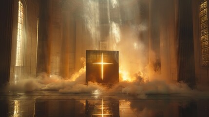 Expansive view of a light-filled golden box in a somber setting