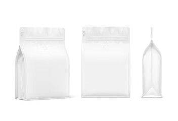 Realistic coffee bag mockup isolated on white background. Front, half side and side views. The set helps to present coffee. Can be use for your design, advertising, promo and etc. EPS10.