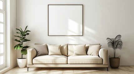 interior design of modern living room with beige fabric sofa and cushions. White wall with frame and space for text, living, furniture.