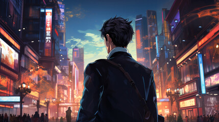 Obraz premium Wide-screen anime scene of a 30-year-old businessman