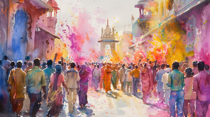 Wide-angle watercolor showing the scale of Holi festivities