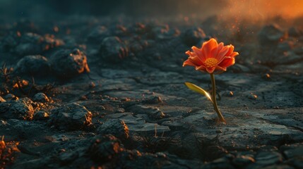 Obraz na płótnie Canvas A single blooming flower on a barren, scorched earth, symbolizing hope and calm resurgence amidst devastation. 8k