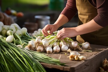A female chef's hand selecting plump Sweet Garleek bulbs from a pile at a vegetable stand, a harmonious marriage of garlic and leek, ensuring the highest quality ingredients for the dish - obrazy, fototapety, plakaty