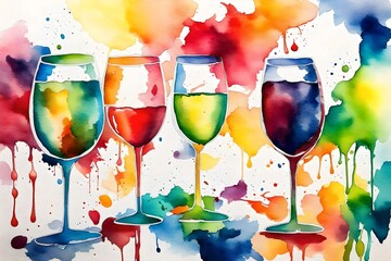 Colorful paint and sip watercolor canvas with wine glasses