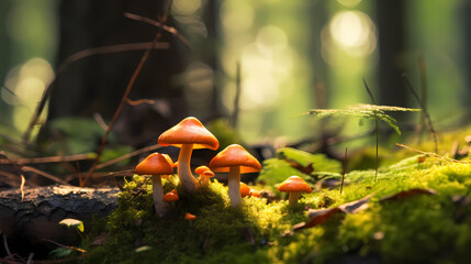 Close up look at the forest floor showing mushrooms