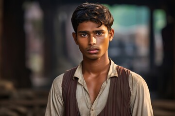 A young handsome Dalit man in his early 20s, dressed in simple yet dignified traditional attire, his gaze direct and hopeful, embodying the aspirations and resilience of the Dalit youth striving for c