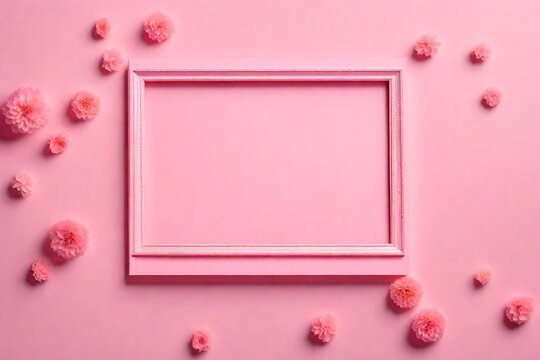 Empty pink photo frame on pastel pink background. Flat lay, top view, copy space.