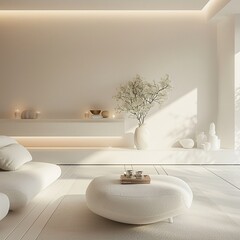 Contemporary living space showcasing minimalism with white tones