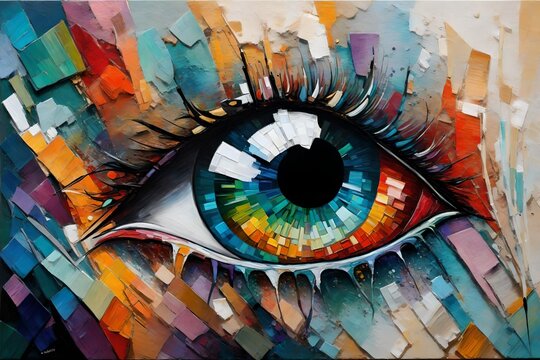 a?oeFluoritea?? - oil painting. Conceptual abstract picture of the eye. Oil painting in colorful colors. Conceptual abstract closeup of an oil painting and palette knife on canvas.