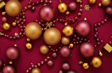 Festive Baubles on Deep Crimson: A collection of shimmering baubles in shades of gold and deep crimson adorn a rich crimson background, conjuring the essence of holiday warmth and elegance. 