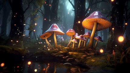 Close up look at the forest floor showing mushrooms