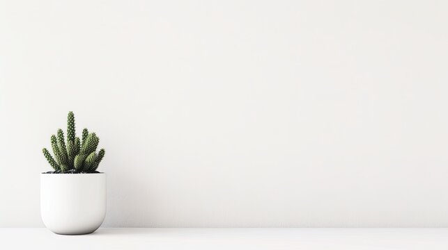 A clean, Scandinavian-inspired arrangement with a small, potted cactus positioned in the bottom left corner on a pure white background.