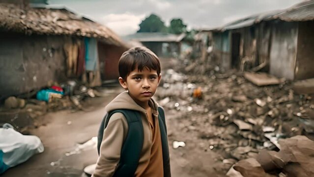 Young Boy Standing in Front of Shack War Torn Impoverished Country Generative AI