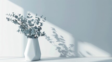 A sleek, contemporary setup with a single geometric vase holding a minimalist bouquet of baby blue eucalyptus.