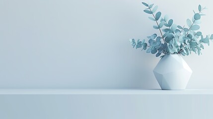 A sleek, contemporary setup with a single geometric vase holding a minimalist bouquet of baby blue eucalyptus.