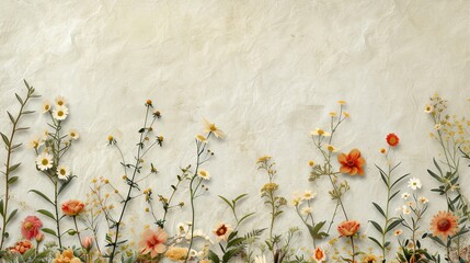 An artistic arrangement of pressed wildflowers and leaves creating a subtle and natural frame. 