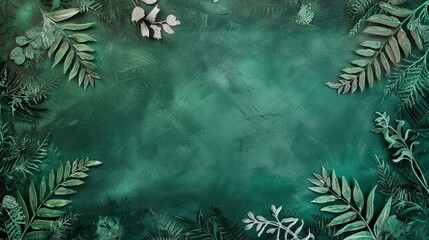 Fototapeta na wymiar An artistic rendering of a few scattered fern fronds on a deep emerald green canvas. 