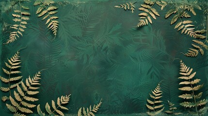 An artistic rendering of a few scattered fern fronds on a deep emerald green canvas. 