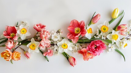 An elegant flat lay of tulips and daffodils arranged in a gentle curve on a pristine white surface.