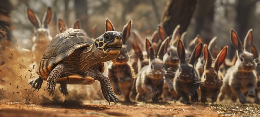 Fable-inspired concept. A turtle races ahead of a pack of rabbits, a creative take on the classic story of 