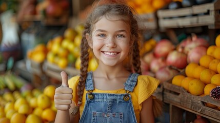 Portrait of cute kawaii colorful girl showing thumb up, positive hand gesture recommending fruits at street market. Wooden boxes, yellow apples, oranges, red pomegranates in pastel colors.  - obrazy, fototapety, plakaty