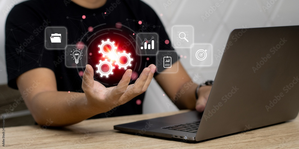 Poster a man using computer laptop working with ai to setting the system, modern technology business.