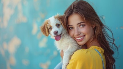 Rear view of brunette girl wears blue pants, yellow t-shirt holds large cute kawaii fluffy playful white puppy lies on her shoulder with red tongue sticking out of his mouth pastel colors  - obrazy, fototapety, plakaty