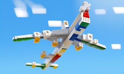 Lego Flight: 3D Block Art Depiction of Airplane Soaring in Blue Skies