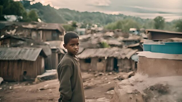 Young Boy in Poverty Standing in Front of Village Generative AI