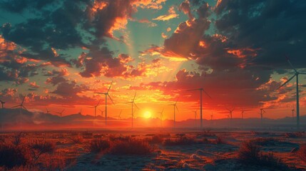 Wind Turbines, green energy, Sun, sky, mountains 