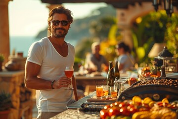 Forties Man Enjoying Cocktail by the Grill at Beautiful Country House with Friends