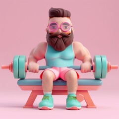 Young cute smiling bearded brunette man in VR glasses wears sportswear, pink shorts, green sneakers trains with dumbbells in his hands, sits on weight bench in pastel colors 