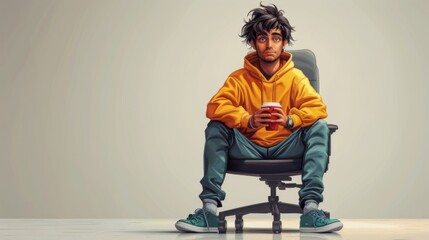Young tall successful kawaii funny asian programmer guy in yellow hoodie, green sneakers sits cross-legged on gray office chair at blue computer desk holds red cup of coffee in hand, enjoys  - obrazy, fototapety, plakaty