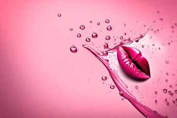 Wide banner depicting a swipe of pink lip gloss with water droplets on a pink gradient background with copy space for make up industry and beauty salons