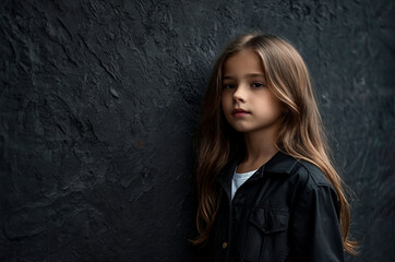 Stylish cover child girl posing with long hair blowing in wind at dark textured wall, looking away. Adorable kid model 9-10 year old frozen pose in shadow. Performing act concept. Copy ad text space