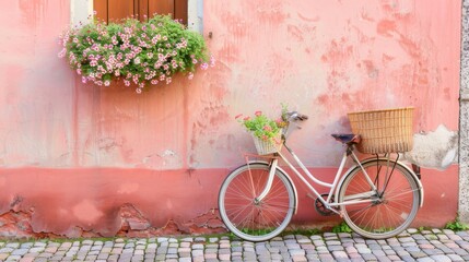 Fototapeta na wymiar Charming vintage bicycle adorned with flower baskets leaning against a textured pink wall on cobblestone street.
