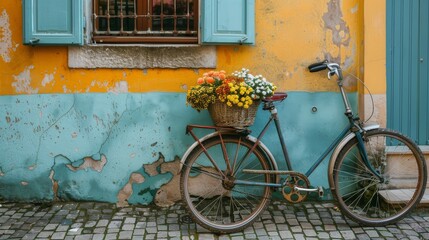 Fototapeta na wymiar A classic bicycle with a basket full of vibrant flowers stands against a colorful, weathered wall on a cobblestone path.