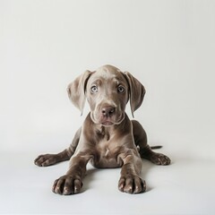 puppy of a Weimar hunting dog on a white background. breed of a setter dog. Weimaraner.