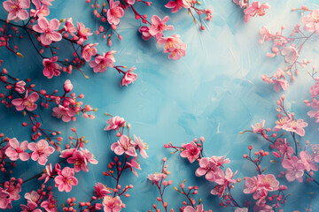 Cherry Blossoms Sprouting on Vibrant Blue Artistic Textured Background