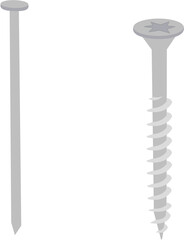 A simple light grey screw and nail side view flat 2D illustartion drawing image close-up