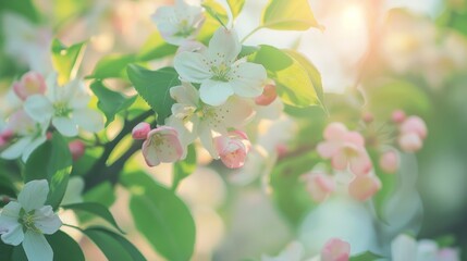 Delicate apple blossoms glow in the warm golden sunlight, signaling the vibrant start of spring.